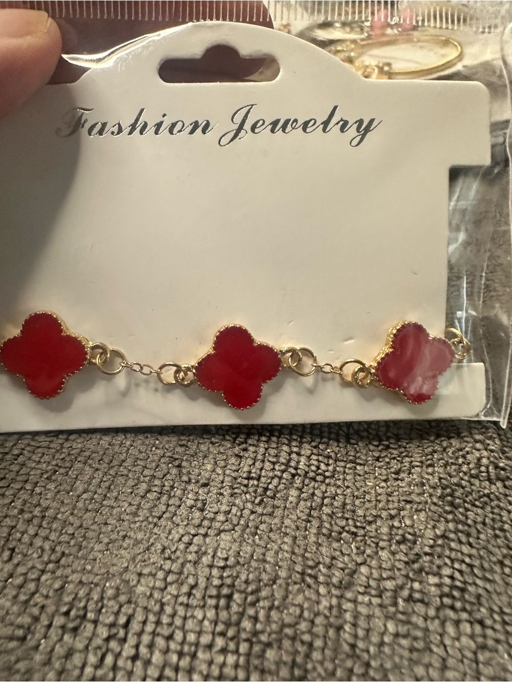 Fashion Jewelry Red Clover Link Bracelet - Gold Plated Accents